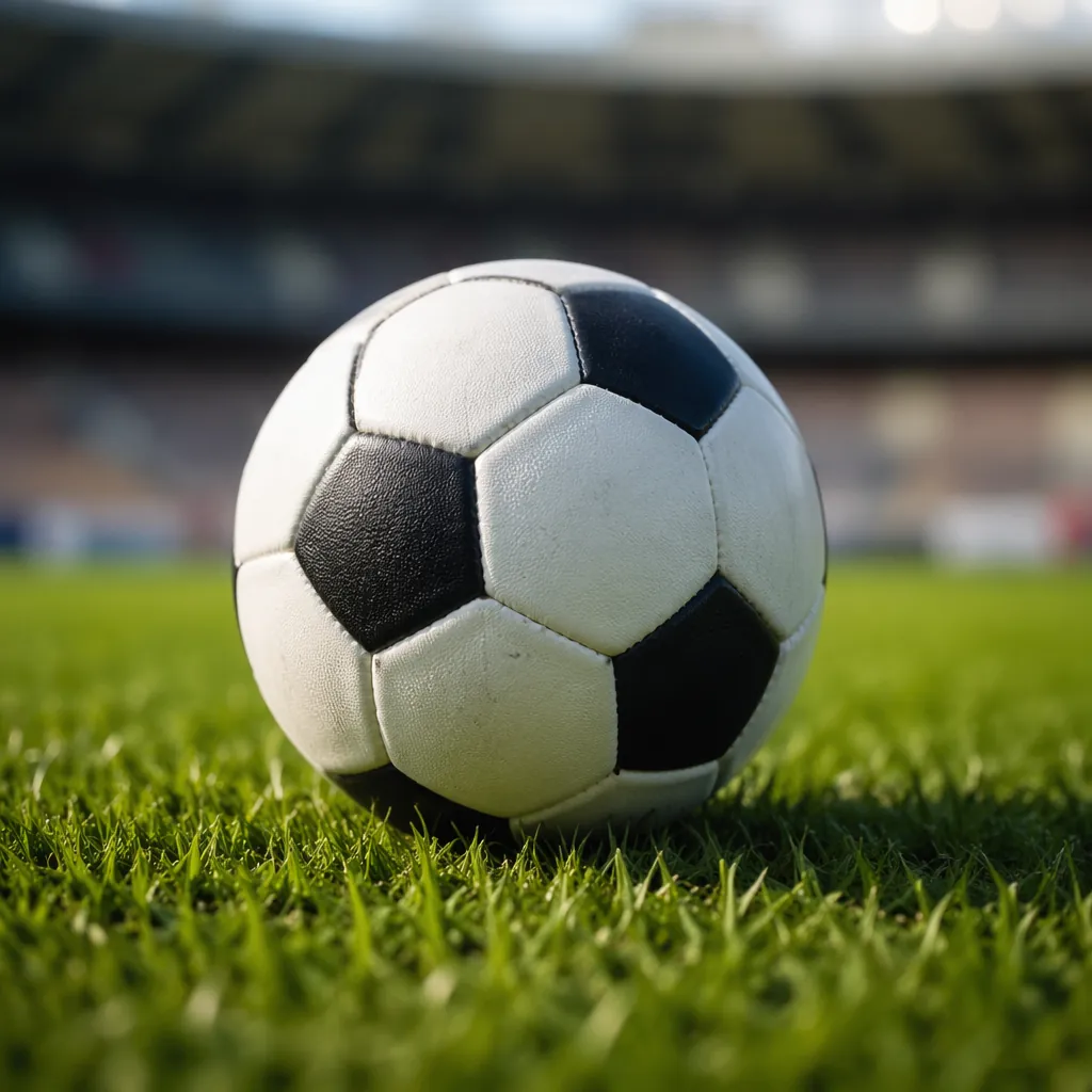 Close-up of a football on a green grass pitch, soft bokeh background of a stadiu