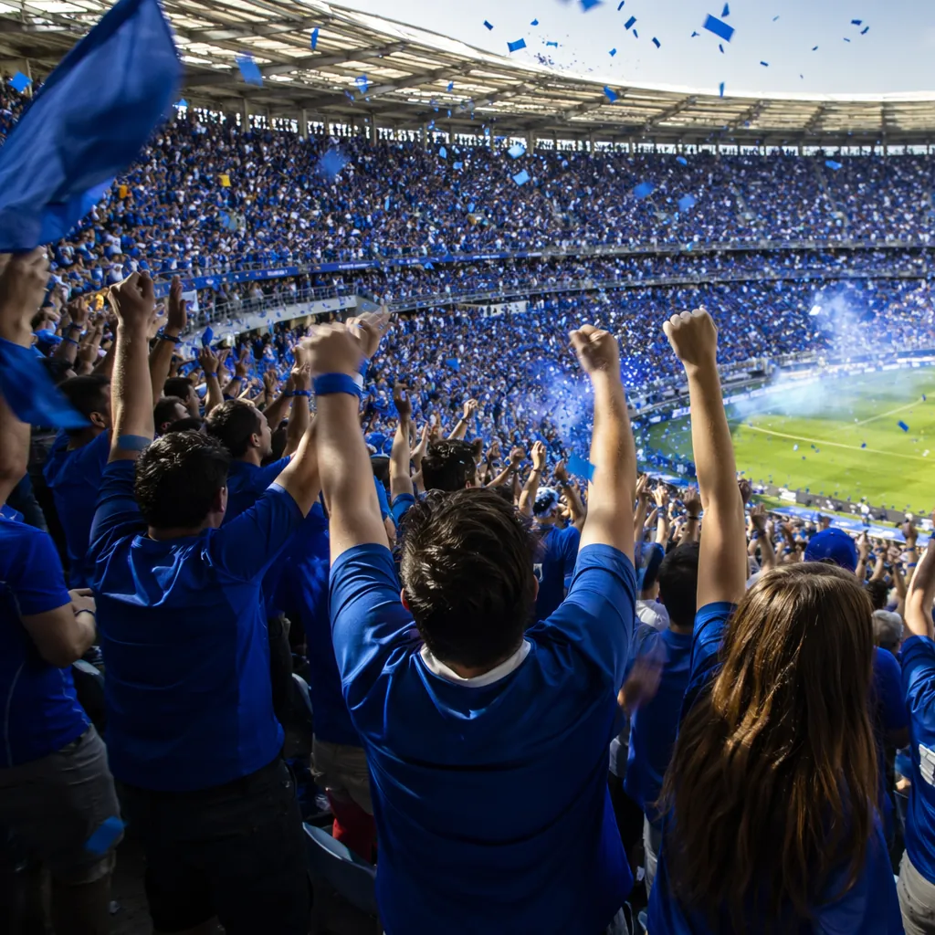Wide shot of football fans cheering in stadium stands, wearing blue jerseys, no