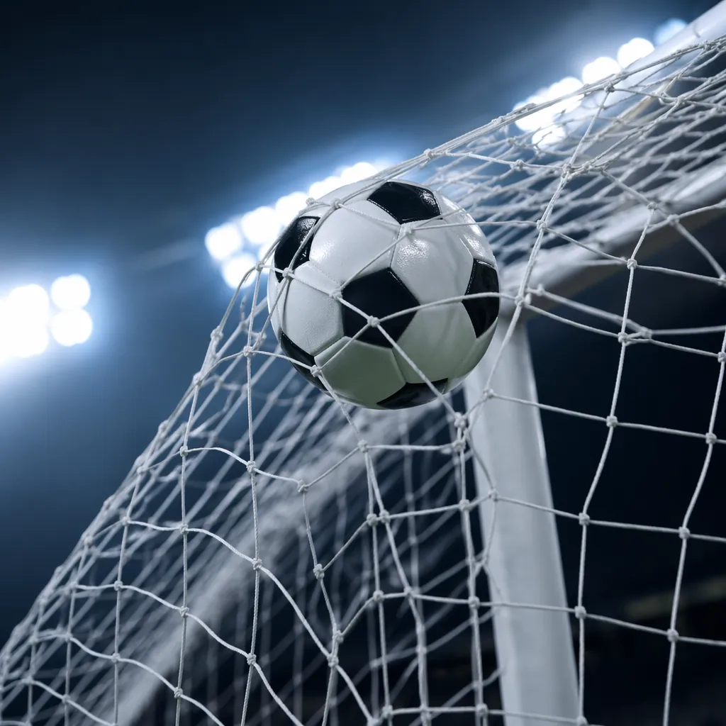 Close-up shot of a soccer ball hitting the top corner of a white goal net, net r