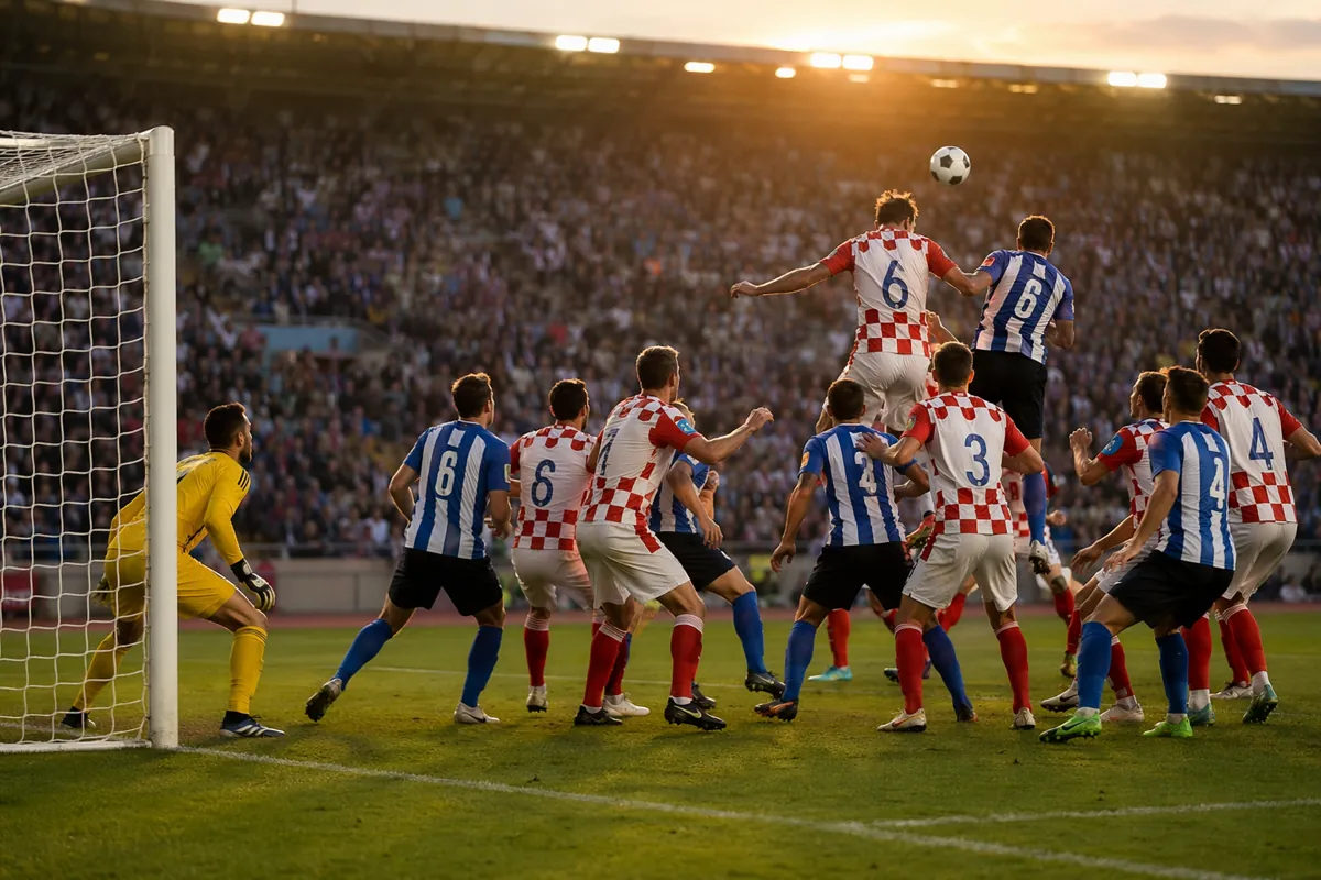 Wide shot of a professional football match during golden hour, players in blue-white strip