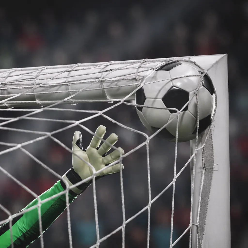 Close up shot of a football flying into the top corner of a goal net, goalkeeper