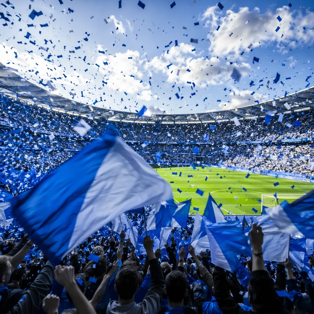 Wide shot of football fans waving blue and white flags in a packed stadium, conf
