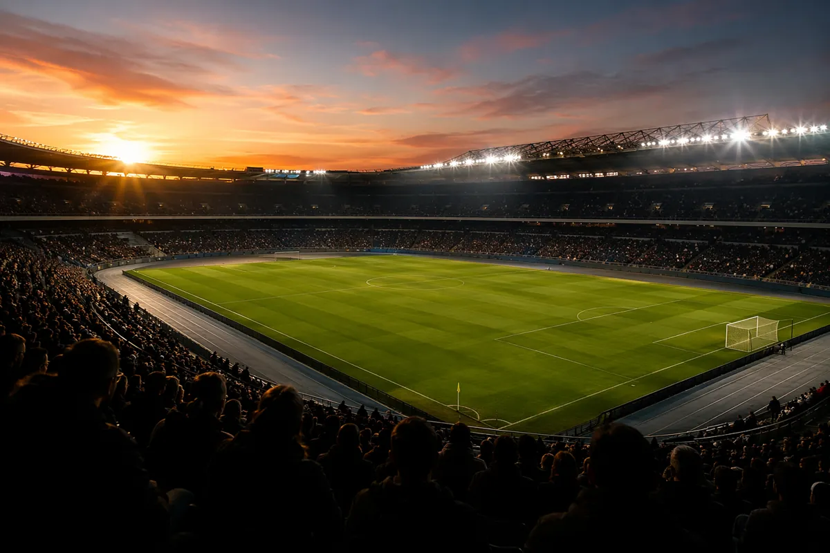Wide shot of a professional football stadium at dusk, empty green pitch with bright floodl