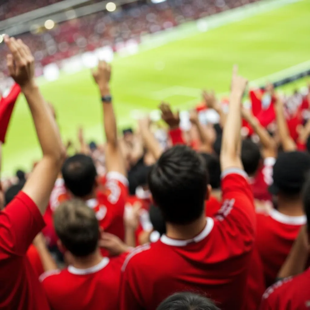 Blurred shot of football fans wearing red jerseys cheering in stadium stands, dy