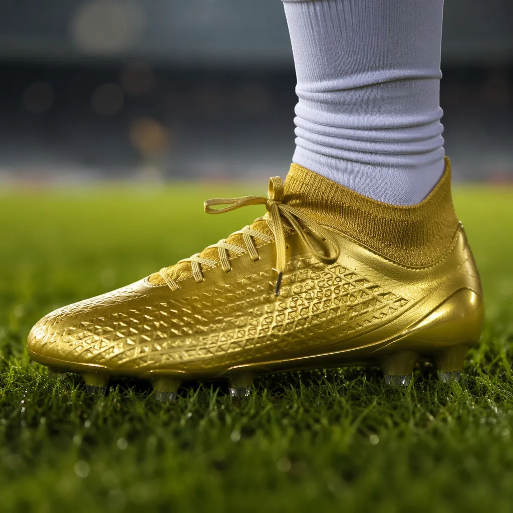 Close up shot of a golden football boot on a green grass pitch, soft stadium lig