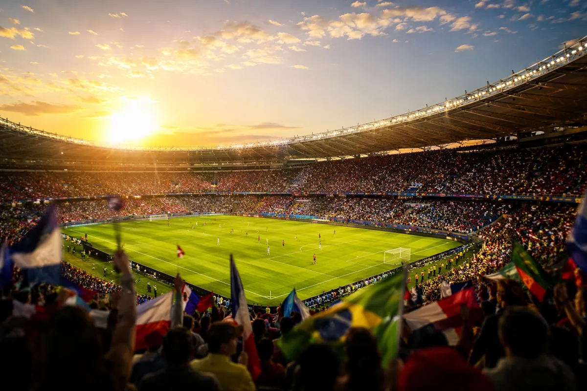 Panoramic view of a packed FIFA World Cup stadium at dusk, golden sunlight shining on gree