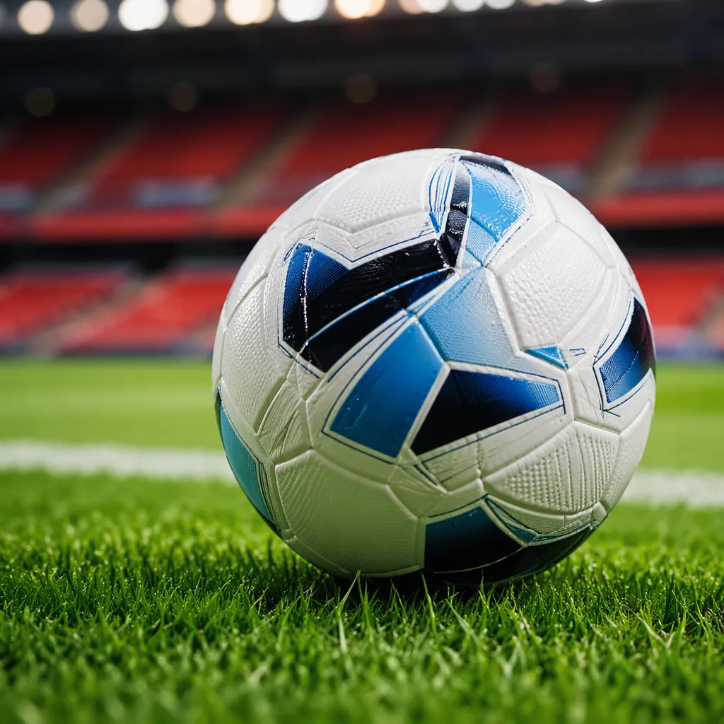 Close up of a professional football match ball on well-maintained green grass, b