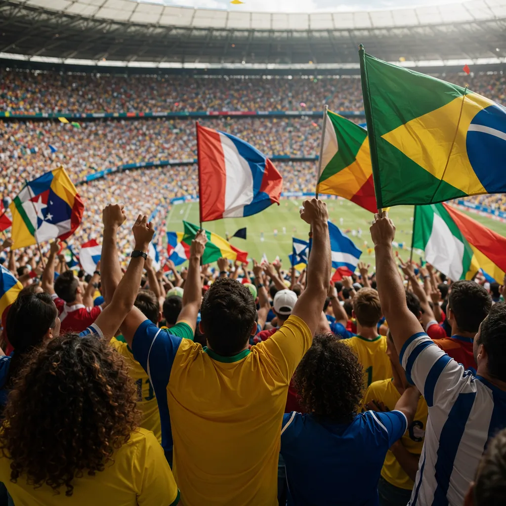 Wide shot of fans wearing generic football jerseys cheering in the stands, holdi