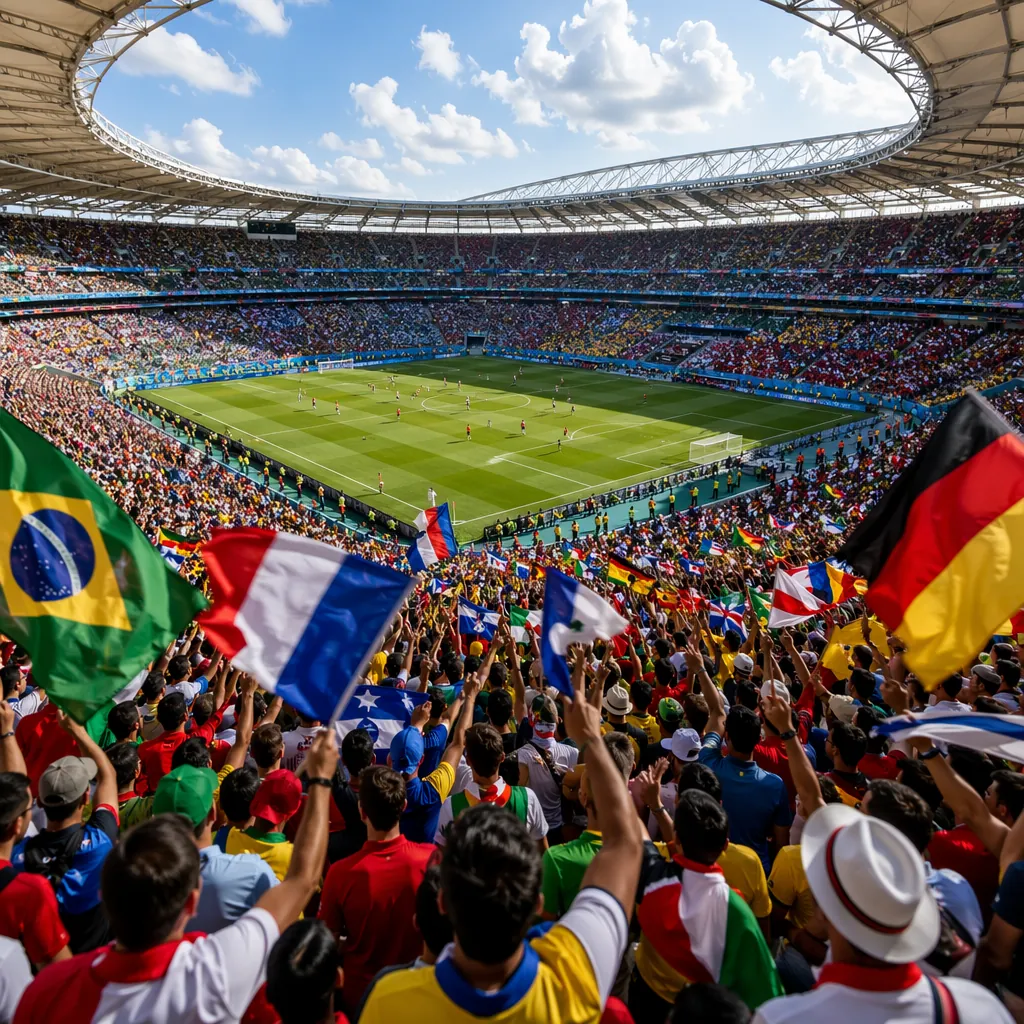 A wide shot of a modern World Cup stadium filled with colorful fans waving natio