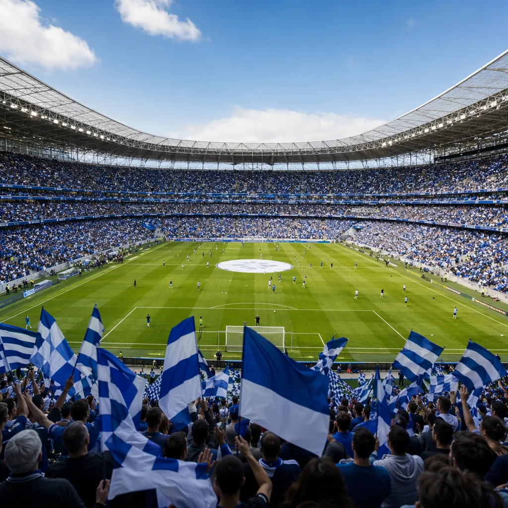 Wide shot of a packed professional soccer stadium during warm-up match, fans wav