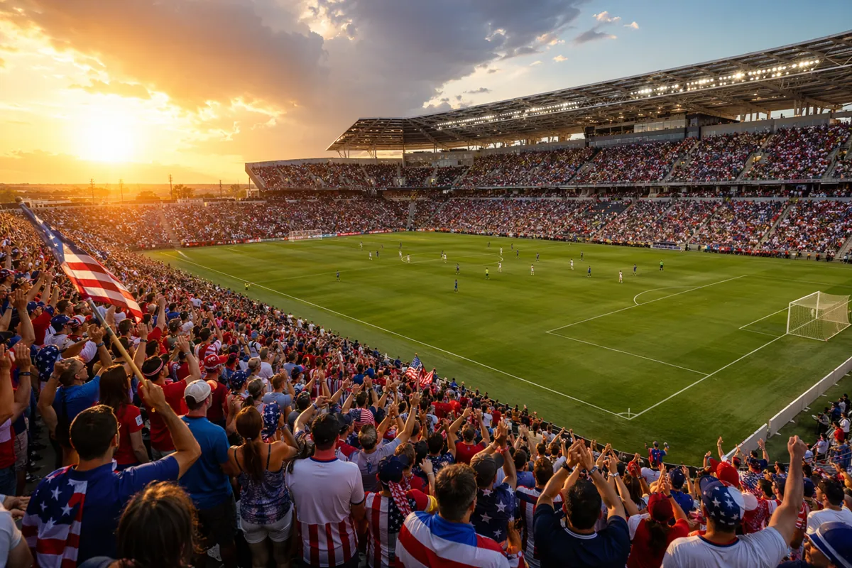 Wide shot of a packed American soccer stadium during golden hour, fans wearing red, white