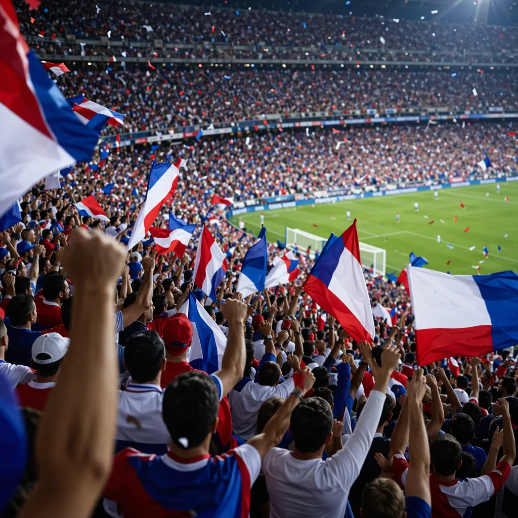 Wide shot of generic soccer fans waving red, white and blue flags in stadium sta