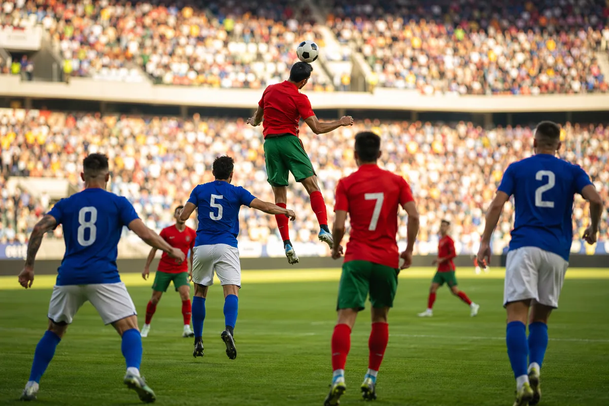 Wide shot of a professional soccer match, anonymous player jumping to head the ball in a s