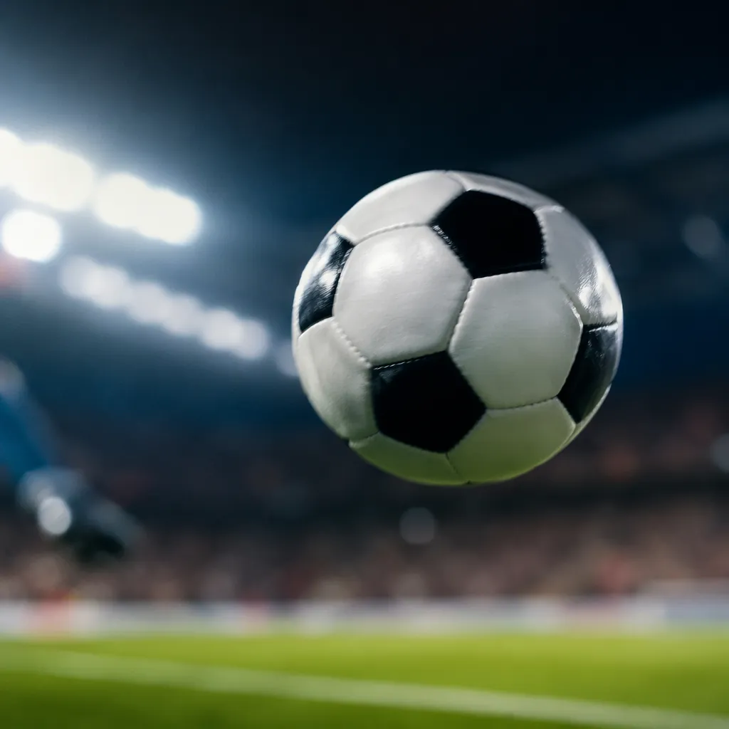 Close up shot of a soccer ball in mid-air during a match, dynamic motion blur, n