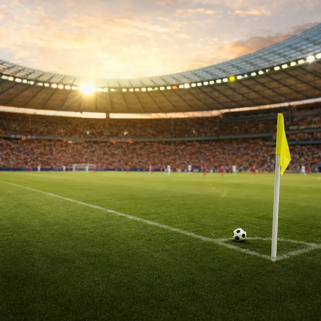 Wide shot of a professional football pitch during a World Cup match, soft golden