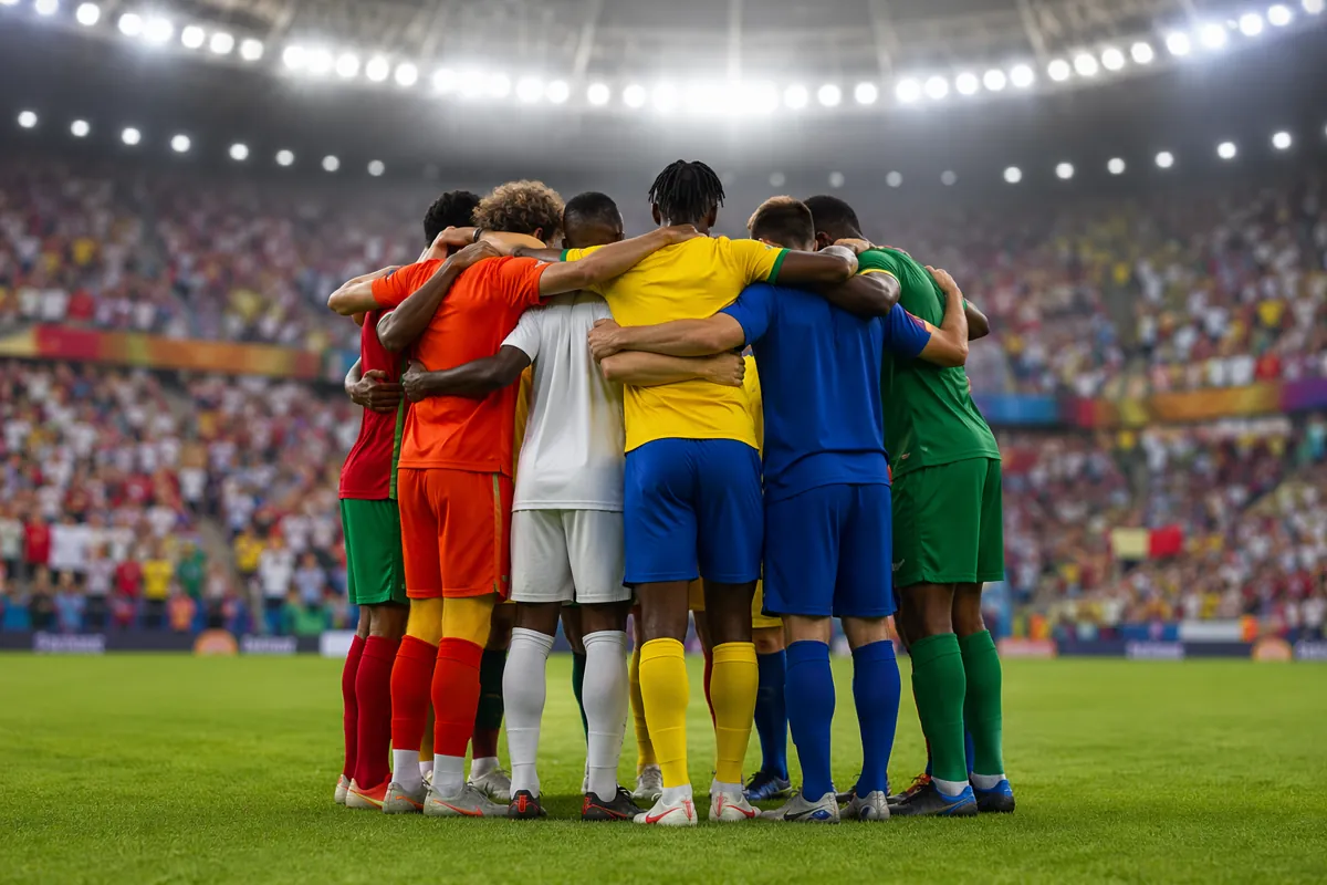A wide shot of a diverse group of football players in generic national team jerseys huddli