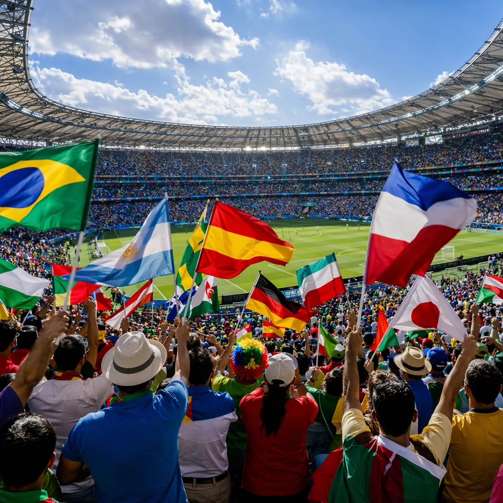 Wide shot of a World Cup stadium with fans from diverse cultural backgrounds wav