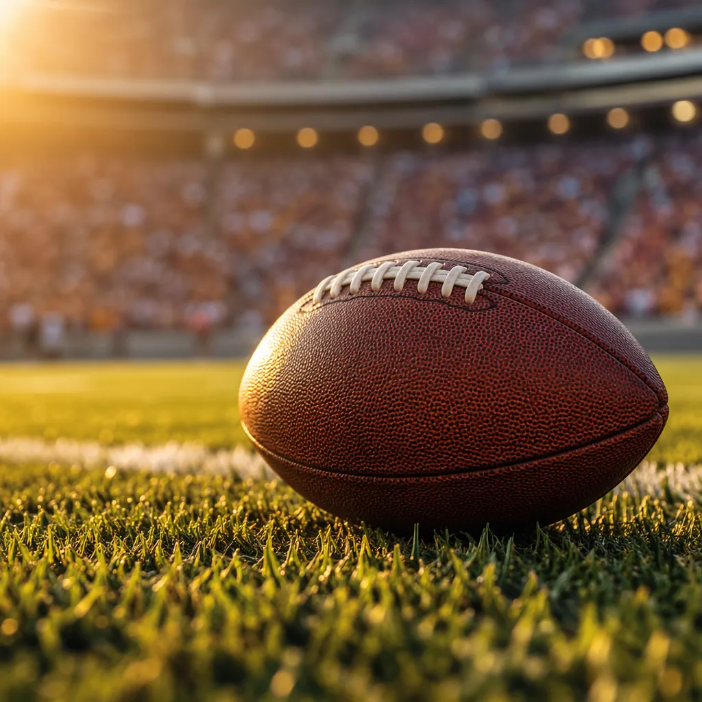 Close up shot of a football on green grass with blurred stadium crowd in backgro