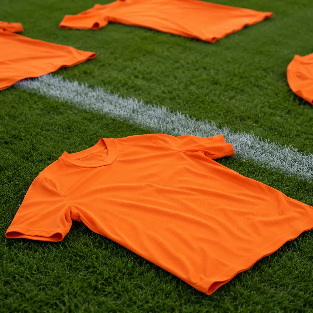 Close-up of a well-maintained football pitch with plain orange football jerseys