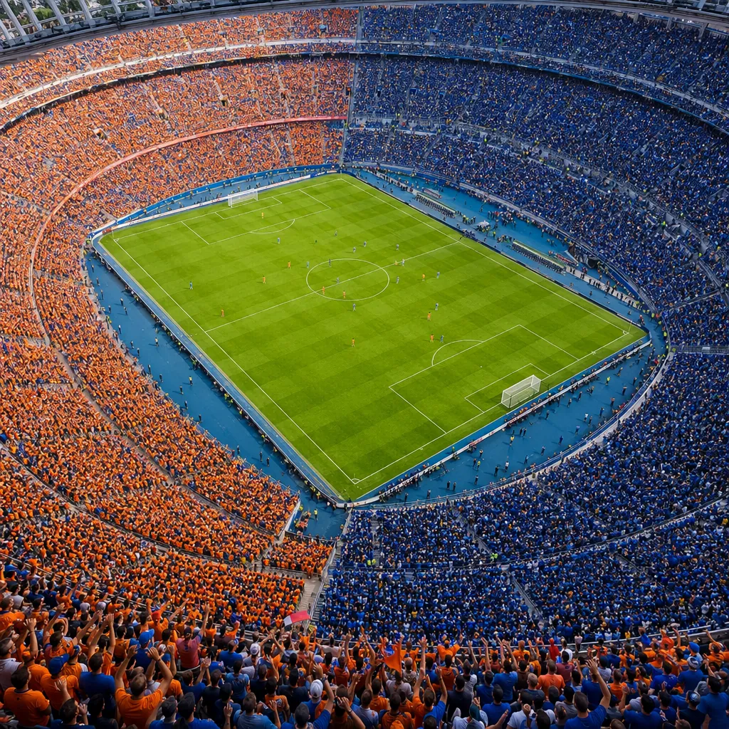 High angle shot of a packed World Cup stadium with distinct orange and blue fan