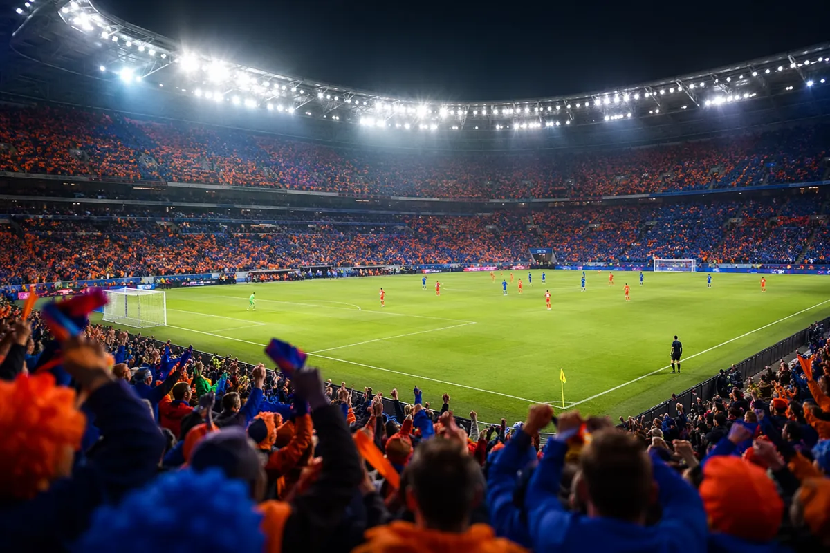 Wide shot of a vibrant professional football stadium during a match, bright floodlights, b
