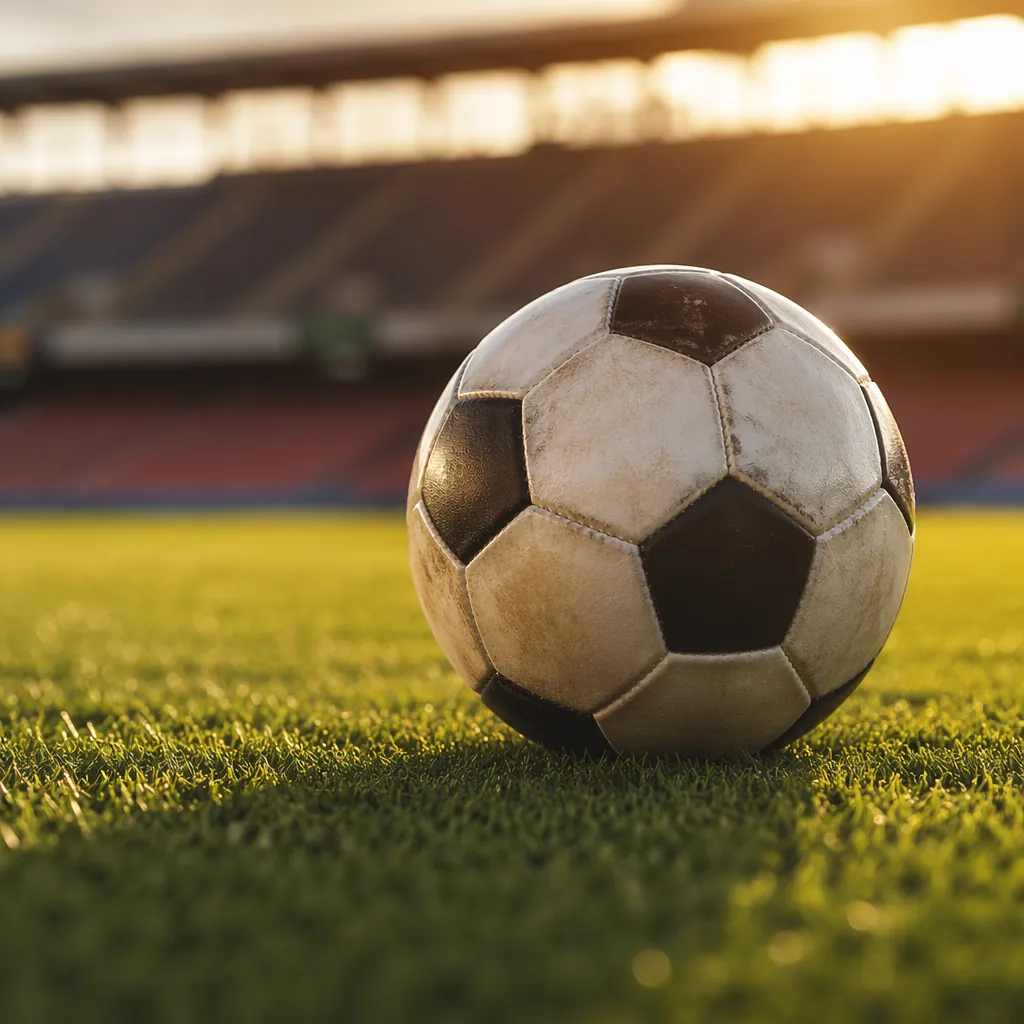 Close up shot of a football rolling on green grass pitch, blurred stadium seats