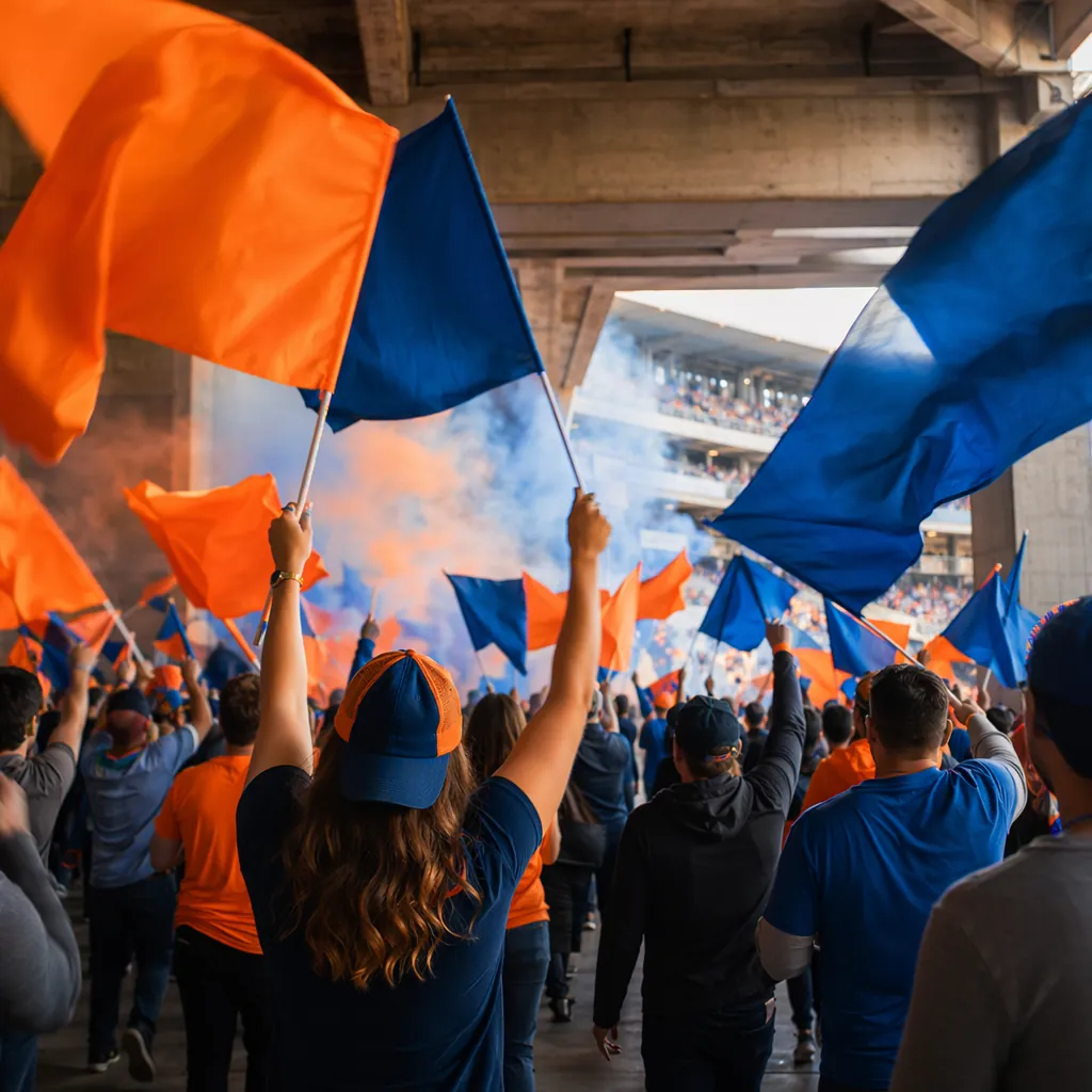 Wide shot of football fans waving general orange and blue flags in a stadium con