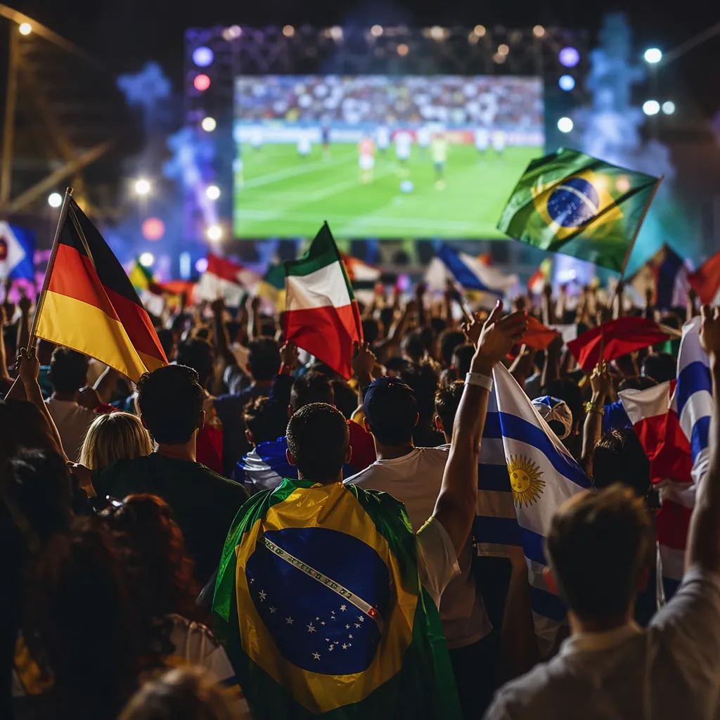 Wide shot of a crowded World Cup viewing party, fans holding national flags and