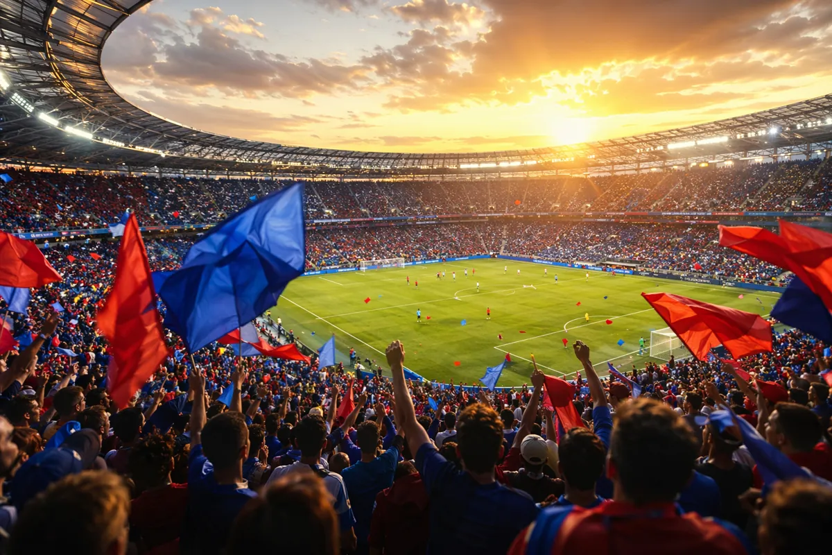 Wide shot of a packed football stadium during a World Cup match, vibrant blue and red team