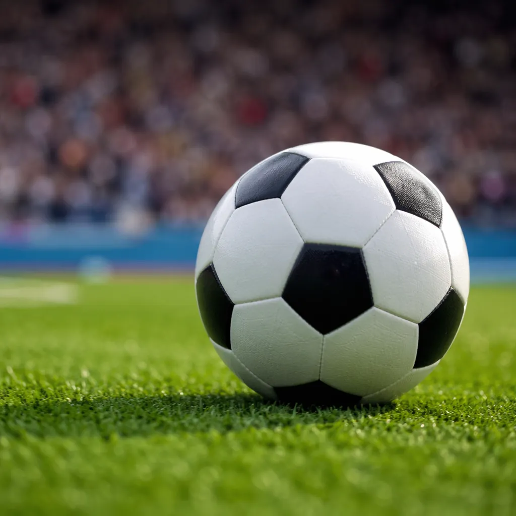 Close up shot of a football rolling on a well-maintained green World Cup pitch,