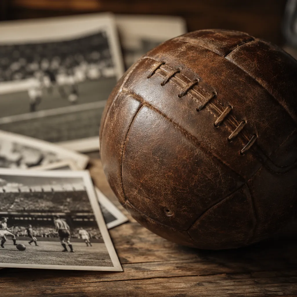 Close up of a vintage leather football on a wooden table, with blurred old footb