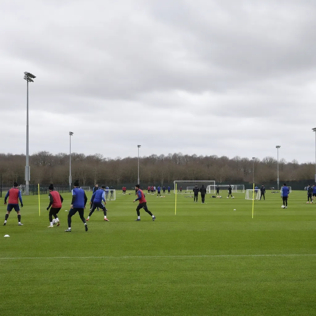 Wide shot of a generic football training pitch with unrecognizable players in bl