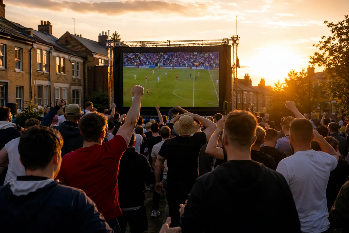 Group of football fans watching a football match on a large outdoor screen in a residentia