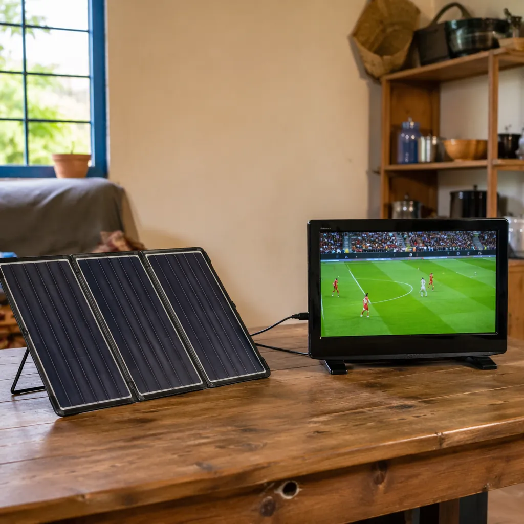 Portable solar panels connected to a small television showing a football match,