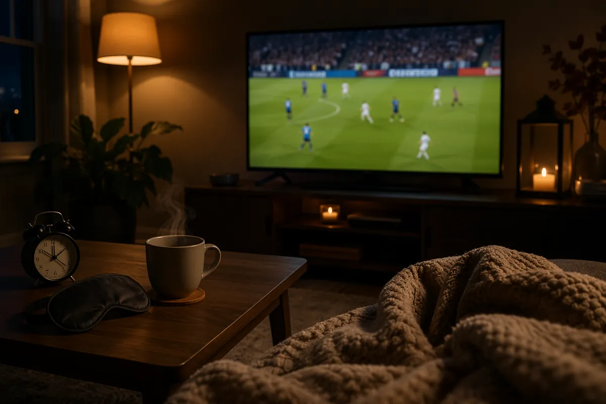 A cozy living room scene at midnight, a TV showing a blurry football match without any log