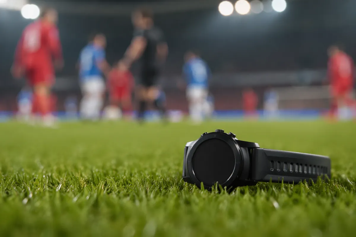 Professional sports news header image, blurred football match background, a close-up of a