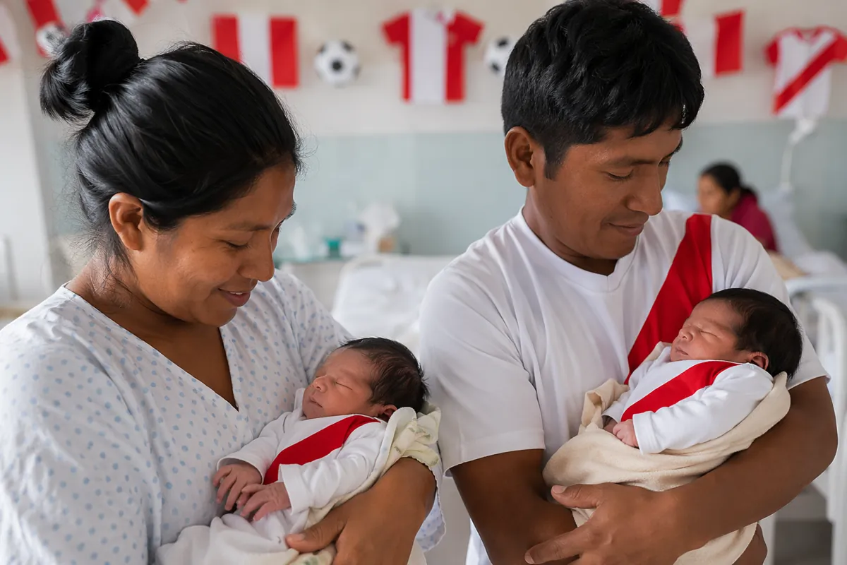 Peruvian parents holding newborn babies in a bright hospital ward, with blurred football j