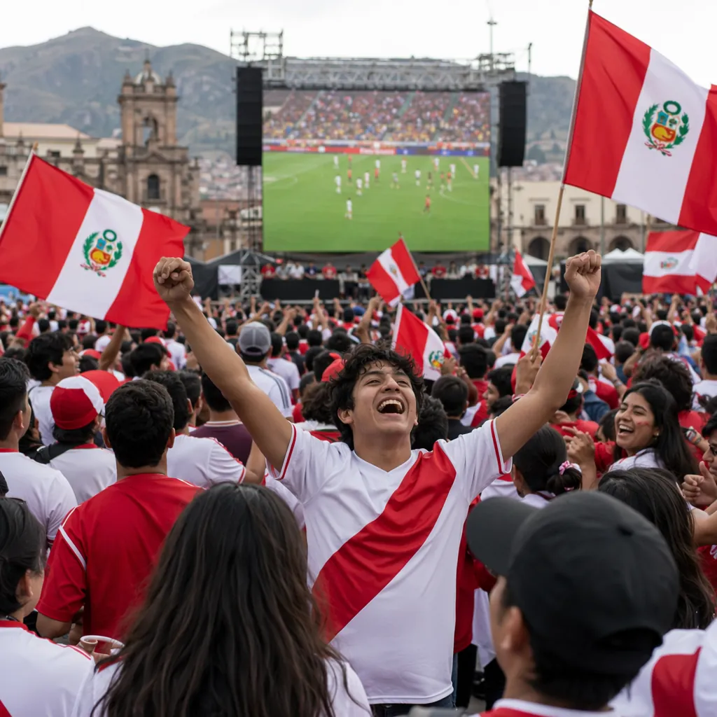 Group of Peruvian football fans gathering in a public square, watching football