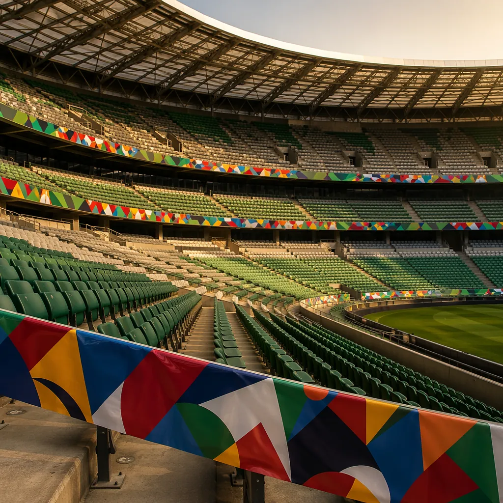 Empty football stadium seats with colorful World Cup themed bunting, soft golden