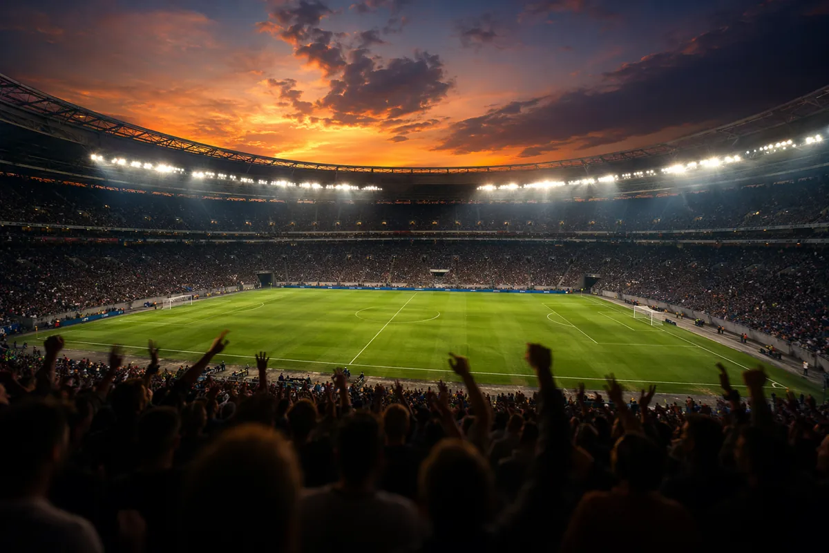 Wide shot of a professional football stadium at dusk, empty green pitch under bright flood