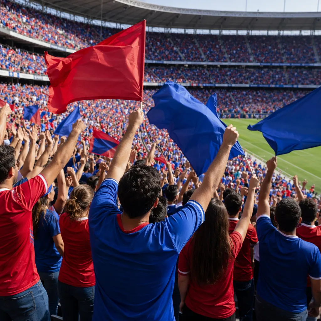 Wide shot of anonymous football fans wearing generic red and blue jerseys, wavin