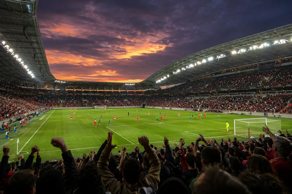 Wide shot of a professional football stadium at dusk, bright stadium lights, blurred playe
