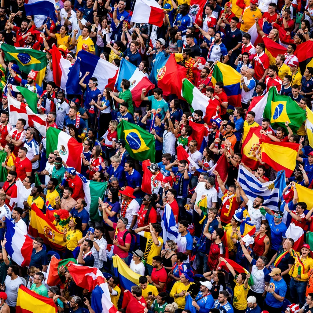 High angle shot of football fans waving colorful national flags in stadium stand