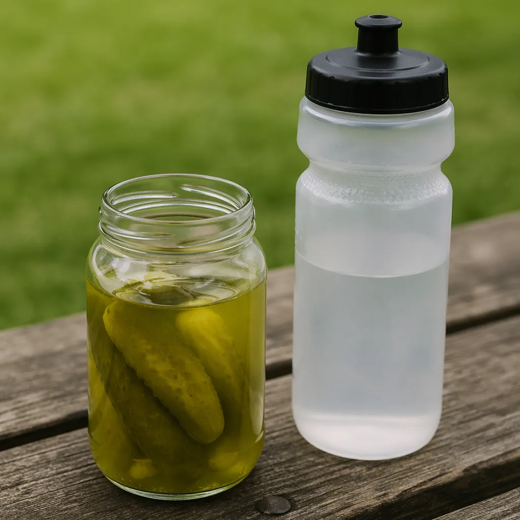 Close up of natural pickle juice jar next to a sports water bottle on a wooden b