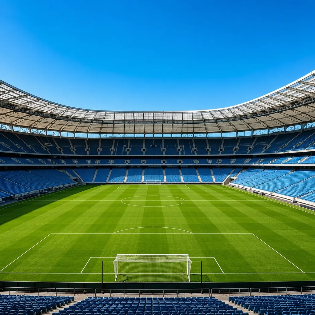 Wide shot of modern empty soccer stadium, green pitch under clear blue sky, no p
