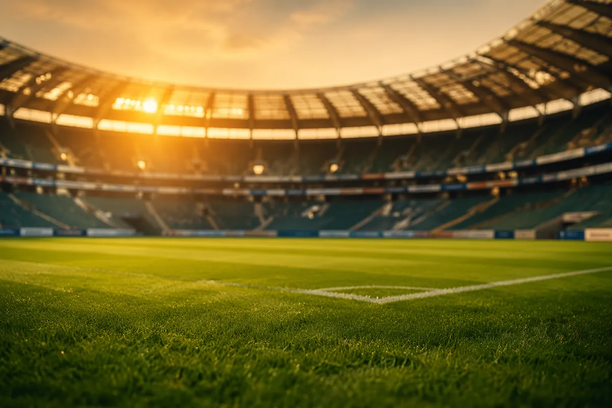 Professional sports news header image, blurred modern football stadium background with war