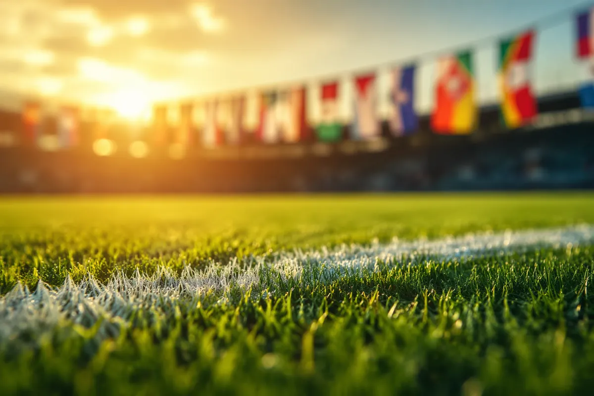 Close up shot of a well-maintained football pitch with world cup themed bunting hanging in