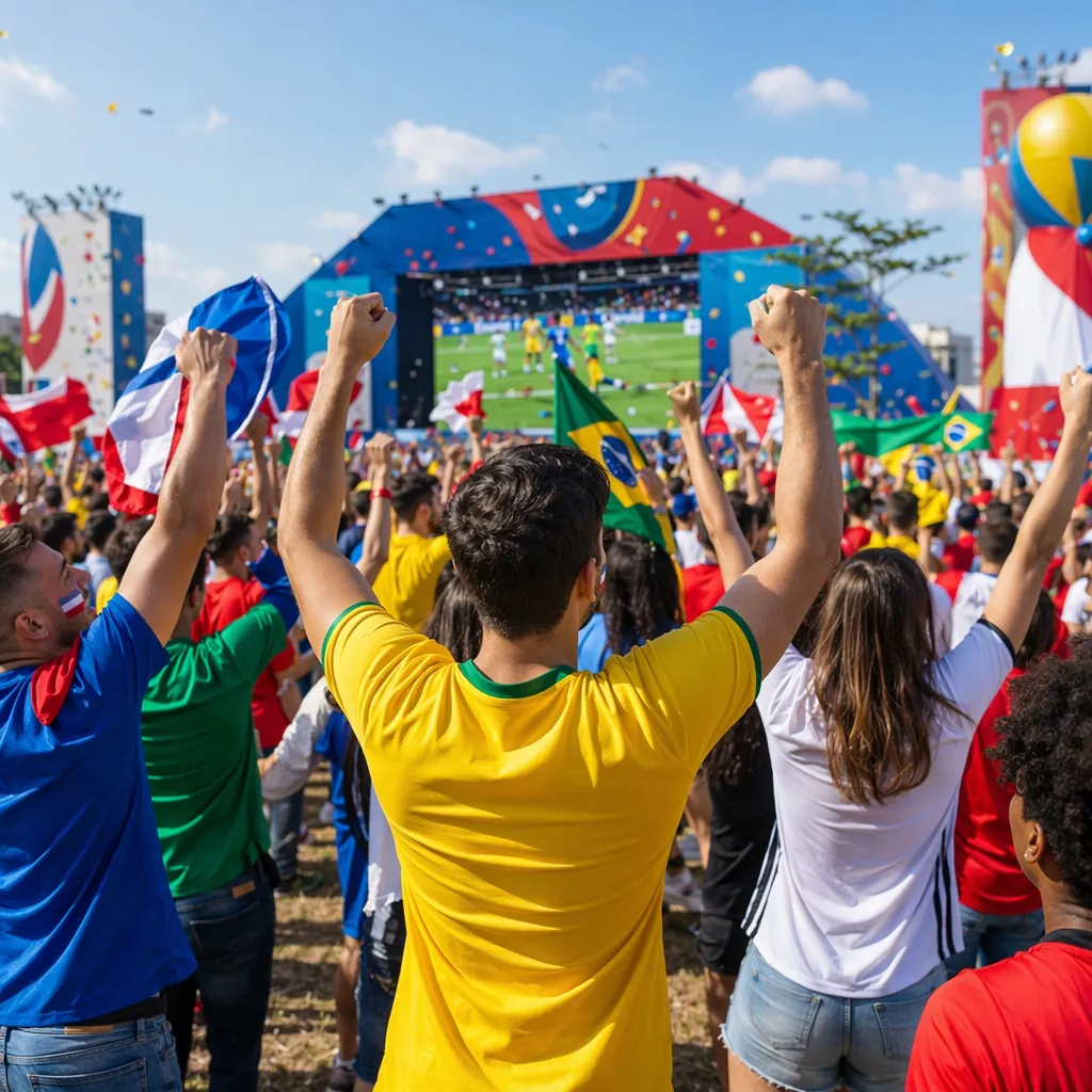 Wide shot of a lively outdoor fan zone with colorful world cup decorations, fans