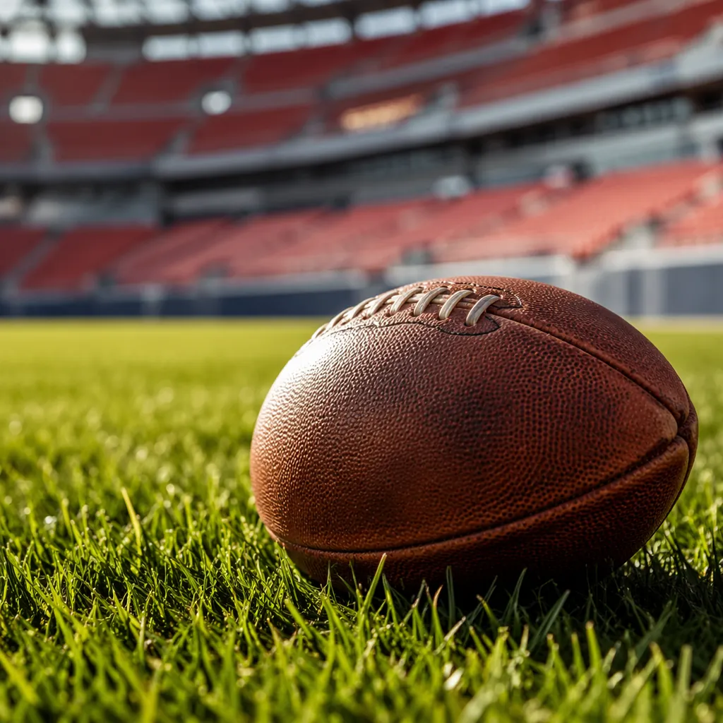 Detail shot of a leather football resting on green grass pitch with blurred stad