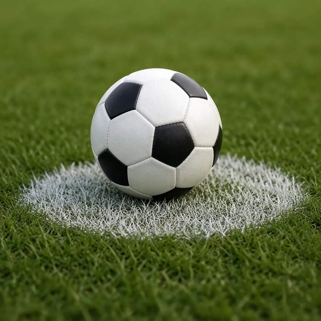 Close up of a football placed on the penalty spot of a green soccer pitch, soft